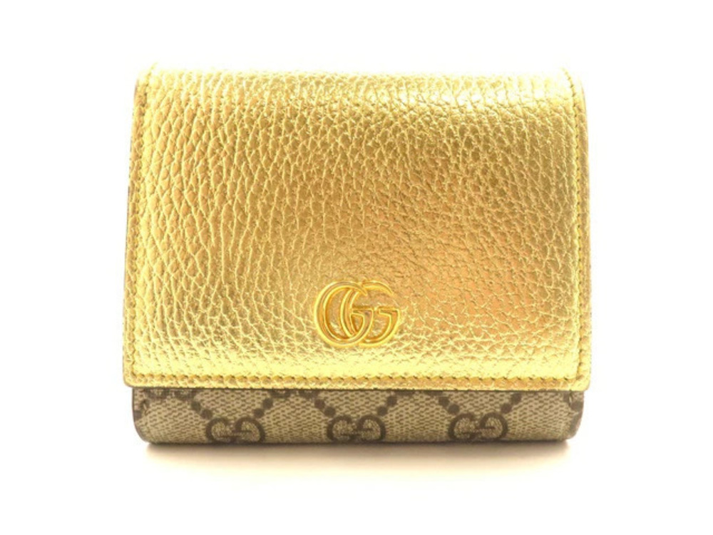 Gucci Double G Supreme Wallet Gold Beige Cream Bi fold Leather Canvas